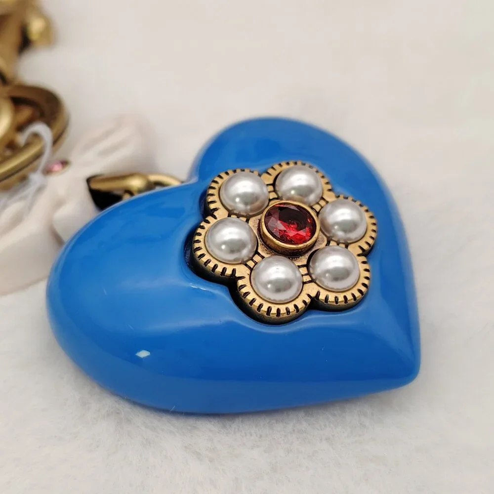 Coach Blue Heart Bag Charm Keychain with Pearl Flower and Pink Bow - Picture 2 of 7